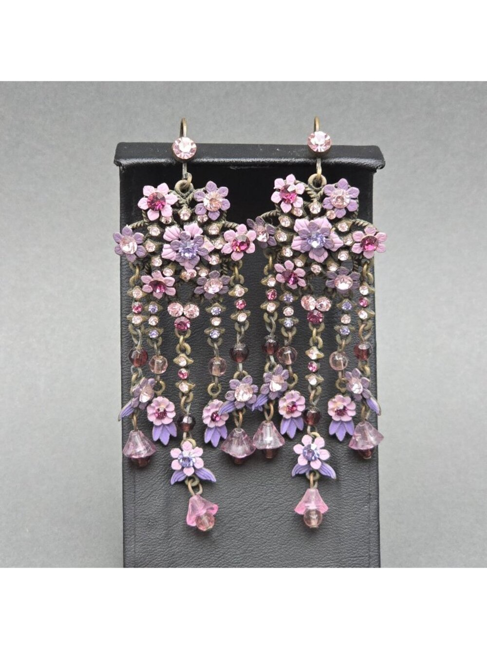 Vintage Michal Negrin Brass Dangle Earrings 4.75" Pastel Floral Crystal Drop